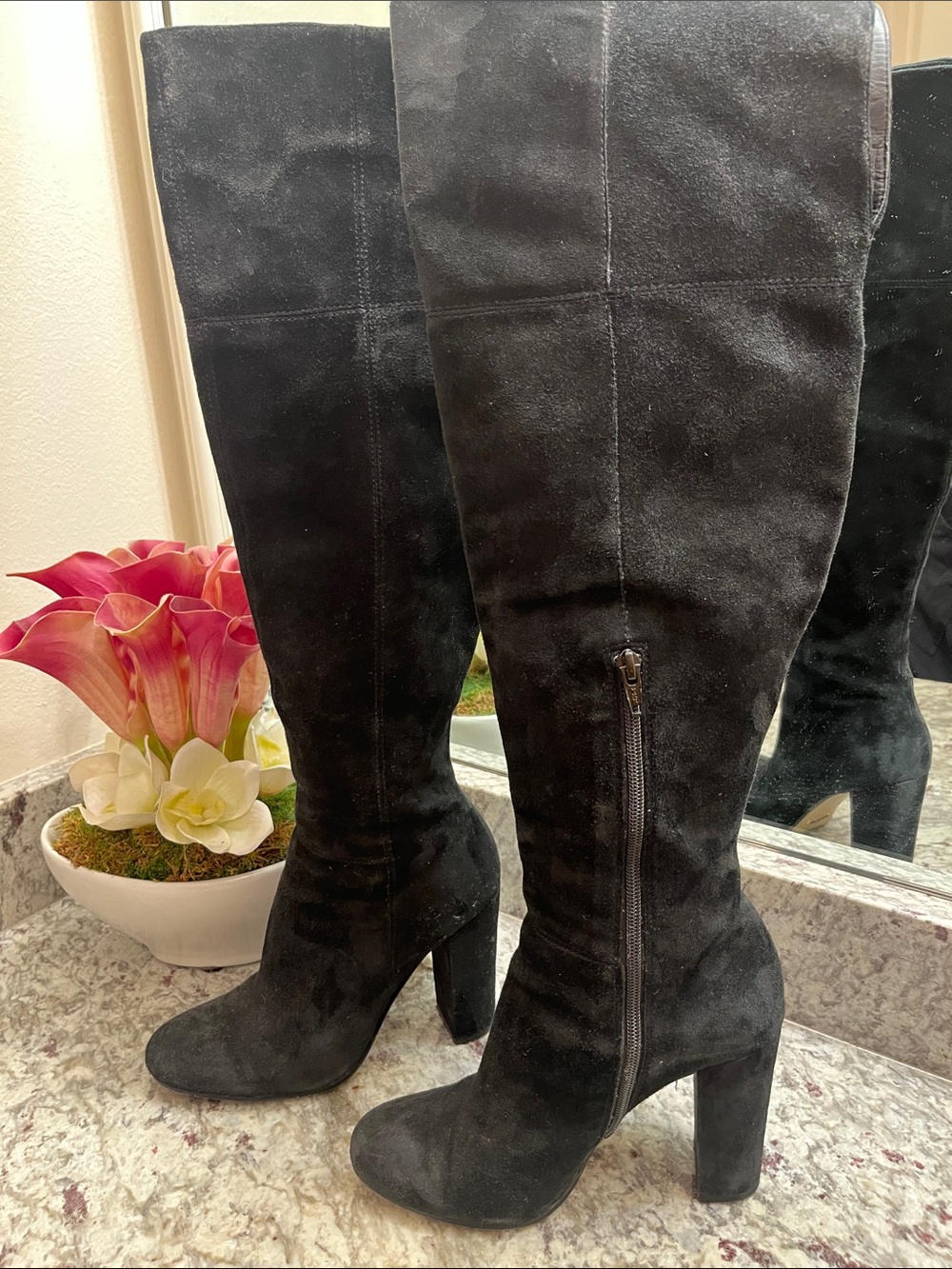 Gianni Bini Black Suede High Block Heel Ankle Boots